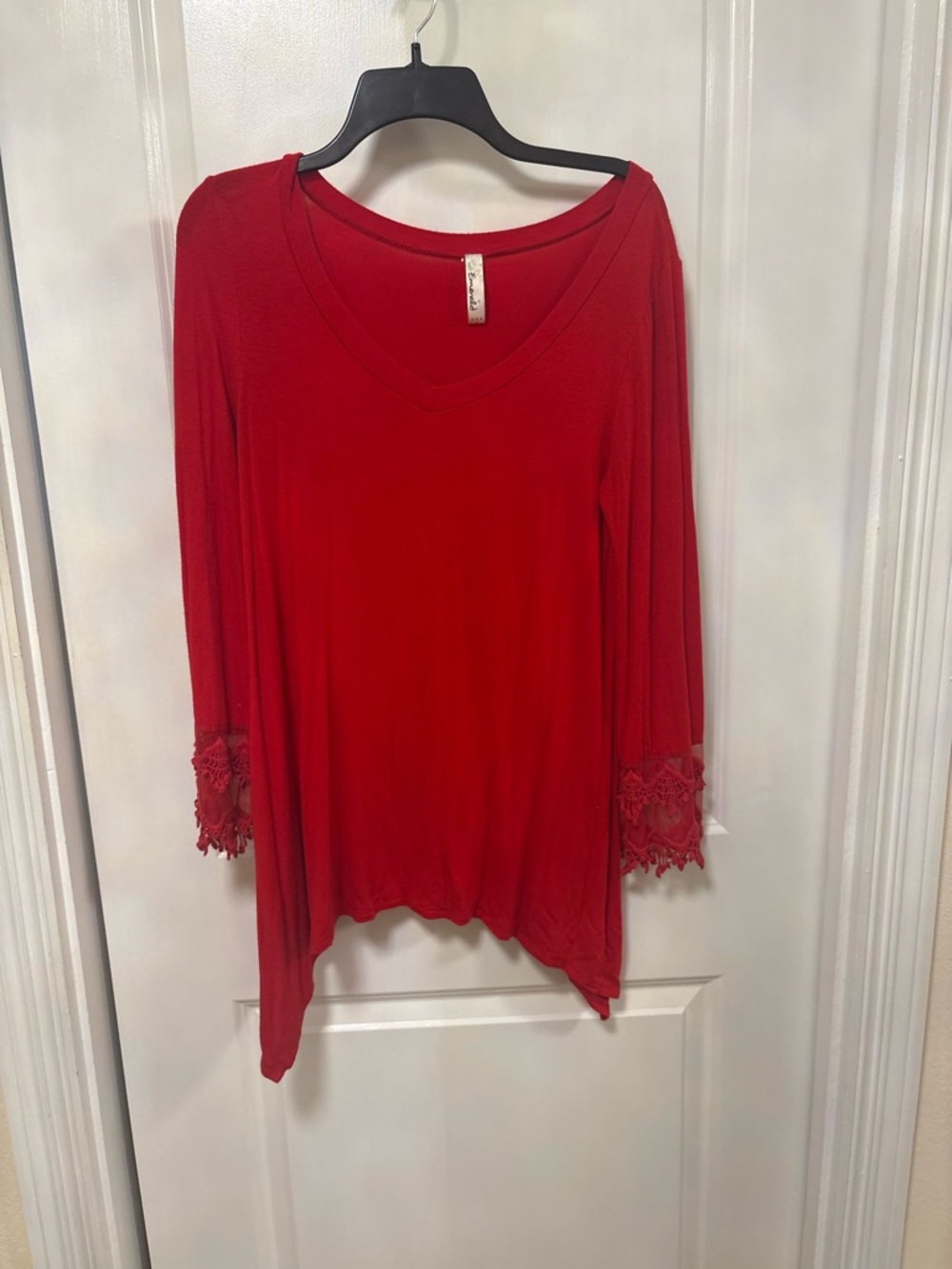 Emerald Red V-Neck Long Sleeve Top with Lace Cuffs